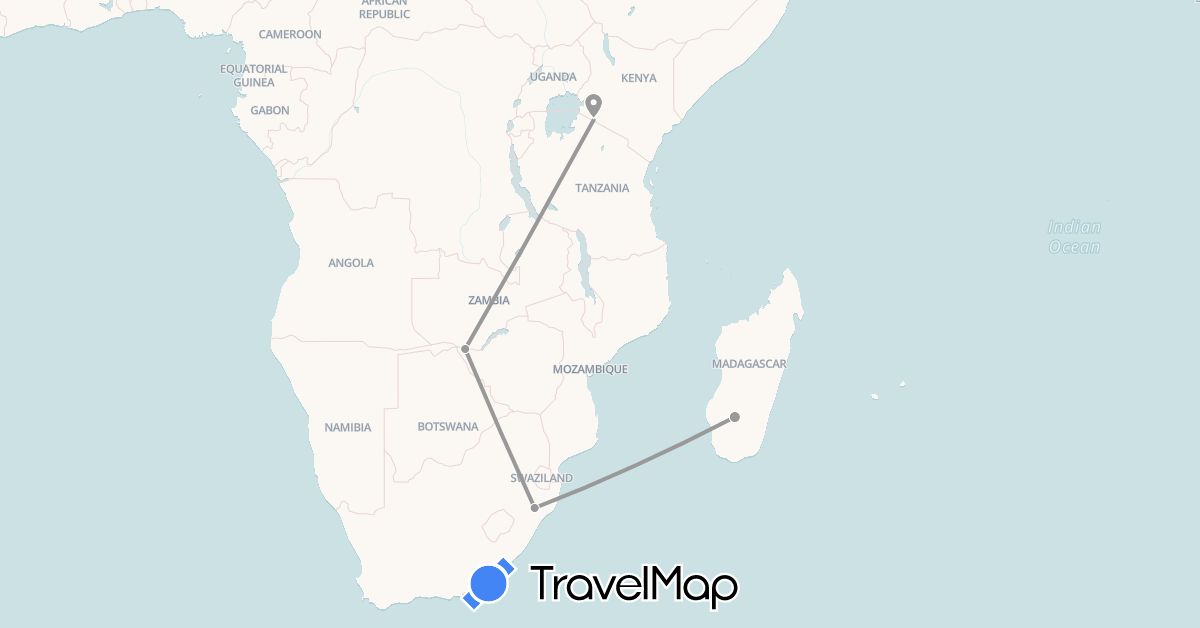 TravelMap itinerary: driving, plane in Kenya, Madagascar, South Africa, Zimbabwe (Africa)
